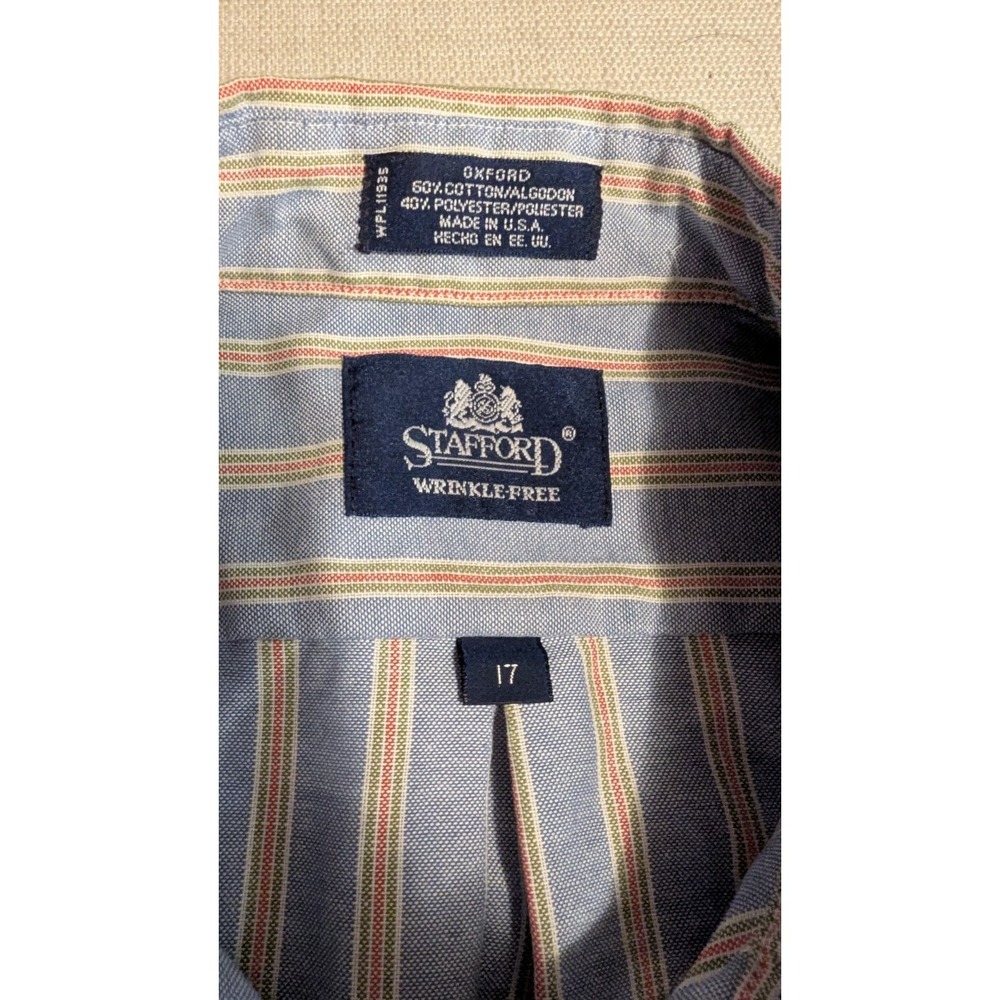 Stafford Men's 17 Oxford Short Sleeve Blue Striped Button Down Shirt WrinkleFree